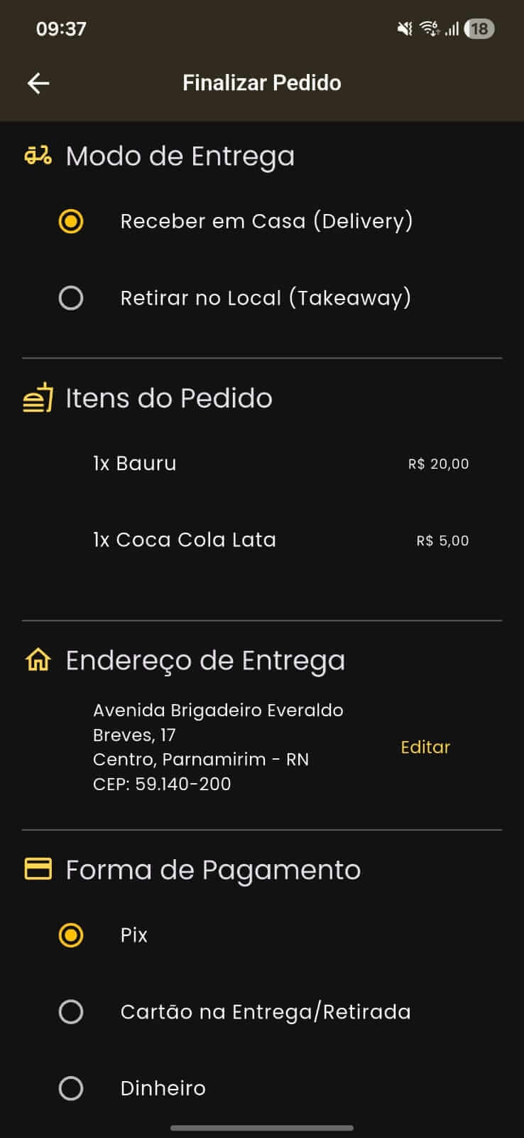 Checkout do pedido