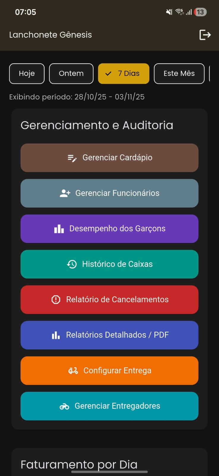 Tela inicial do módulo dono